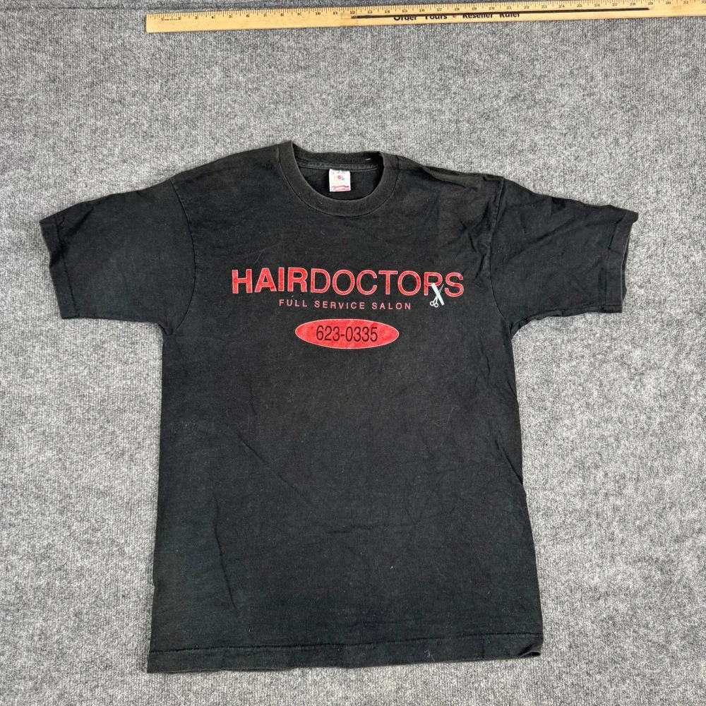 Fruit of the Loom T-shirt Mens Size L Black Hair Doctors Salon Graphic USA Made